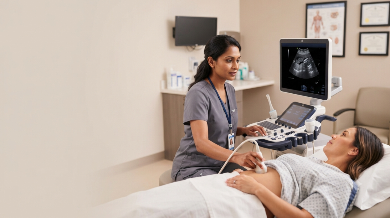 A professional female ultrasound technician in grey scrubs performing an abdominal scan on a female patient lying on an exam table in a medical clinic.