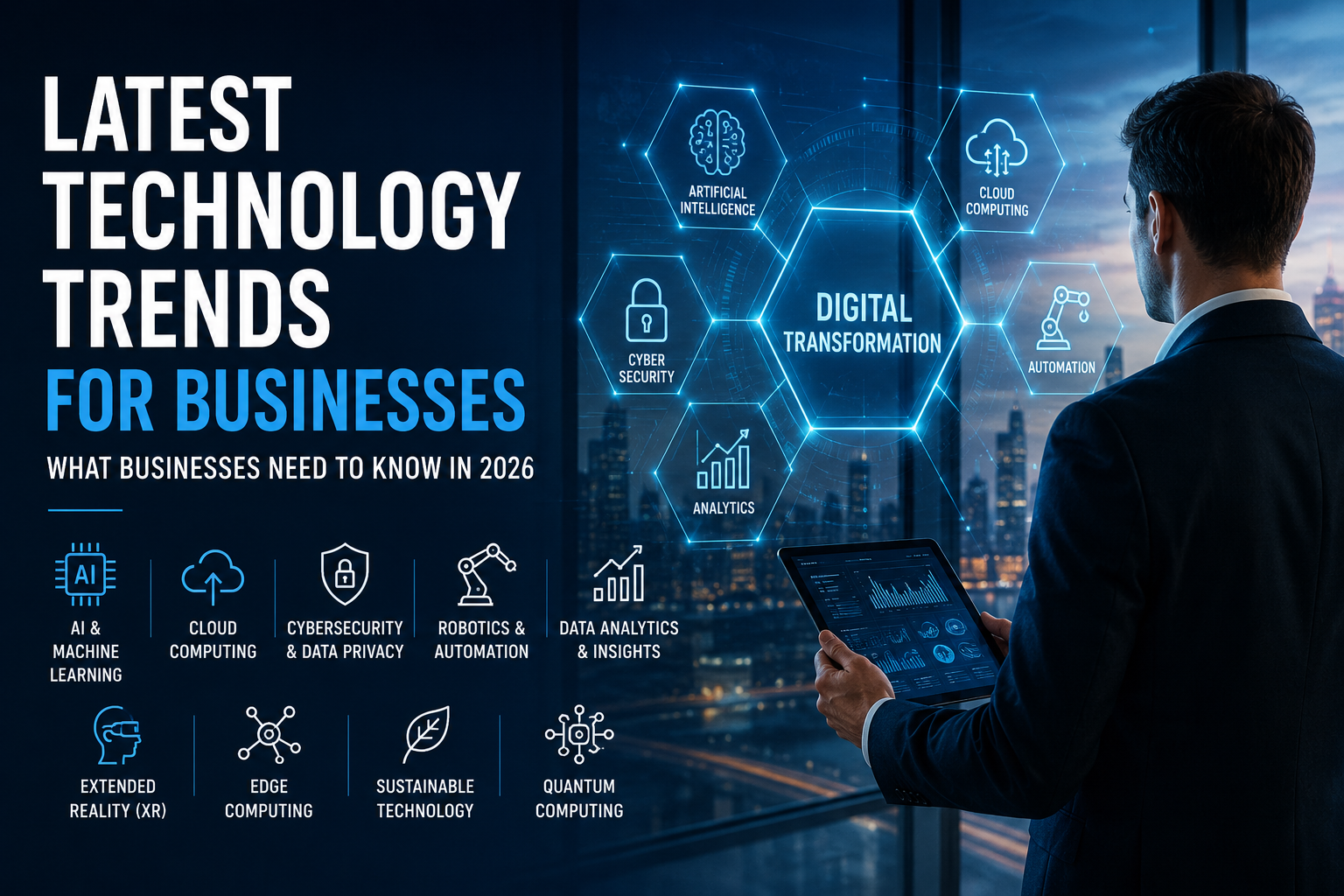 Latest technology trends for businesses in 2026 including AI, cybersecurity, cloud computing and automation