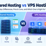 Infographic comparing shared hosting and VPS hosting, including server resources, security, performance, and scalability.