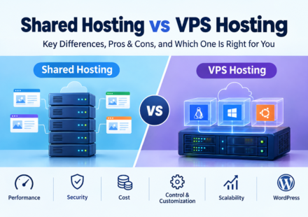 Infographic comparing shared hosting and VPS hosting, including server resources, security, performance, and scalability.
