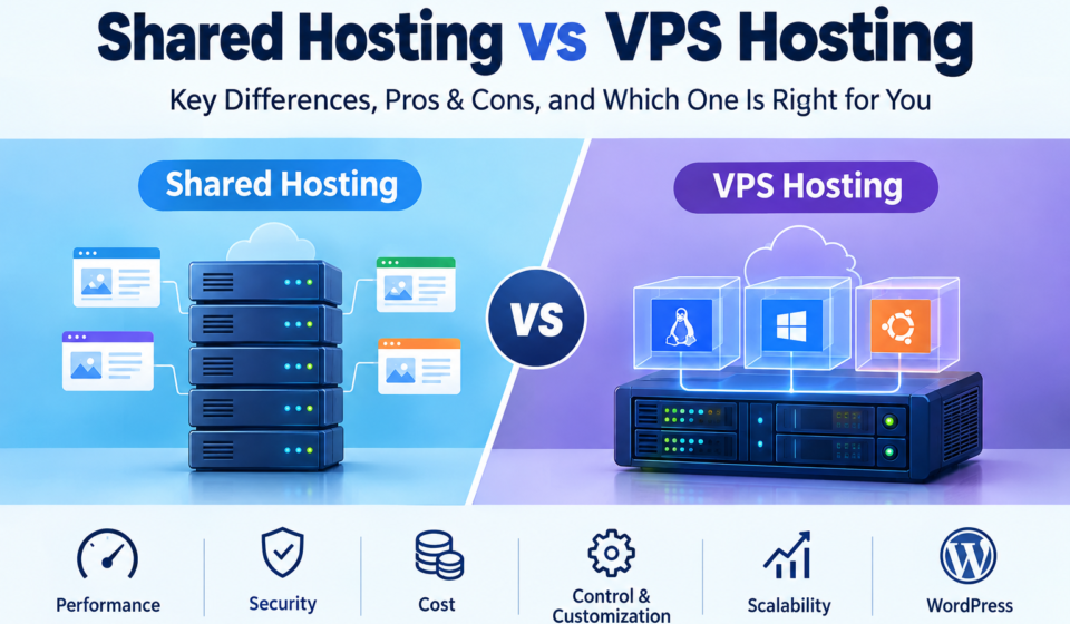 Infographic comparing shared hosting and VPS hosting, including server resources, security, performance, and scalability.
