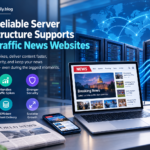 Server infrastructure for high-traffic news websites with servers, CDN, database, storage, and security