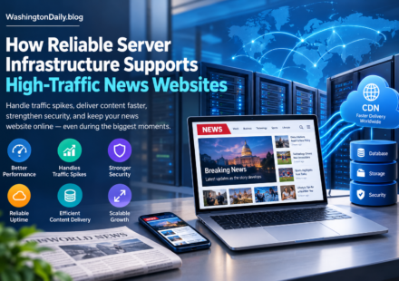 Server infrastructure for high-traffic news websites with servers, CDN, database, storage, and security