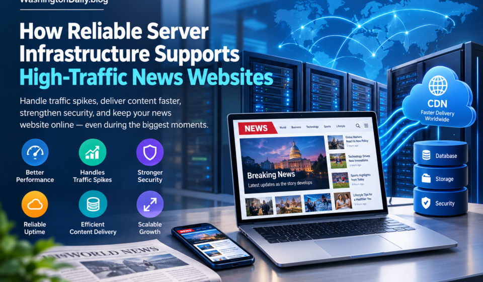 Server infrastructure for high-traffic news websites with servers, CDN, database, storage, and security