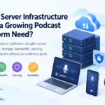 Server infrastructure for podcast platforms showing servers, audio storage, cloud delivery, and security.