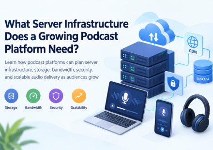 Server infrastructure for podcast platforms showing servers, audio storage, cloud delivery, and security.