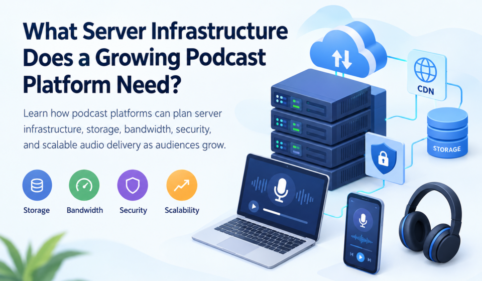 Server infrastructure for podcast platforms showing servers, audio storage, cloud delivery, and security.